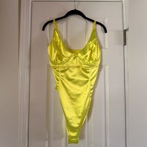 Women's Satin Deep V Neck Sleeveless Bodysuit Top Neon Lime Green